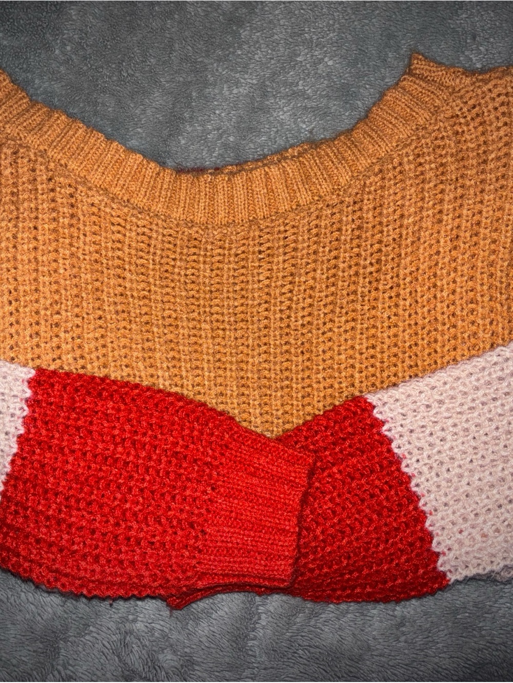 Chunky Colorblock Knit Sweater in Mustard, dark orange, and cream